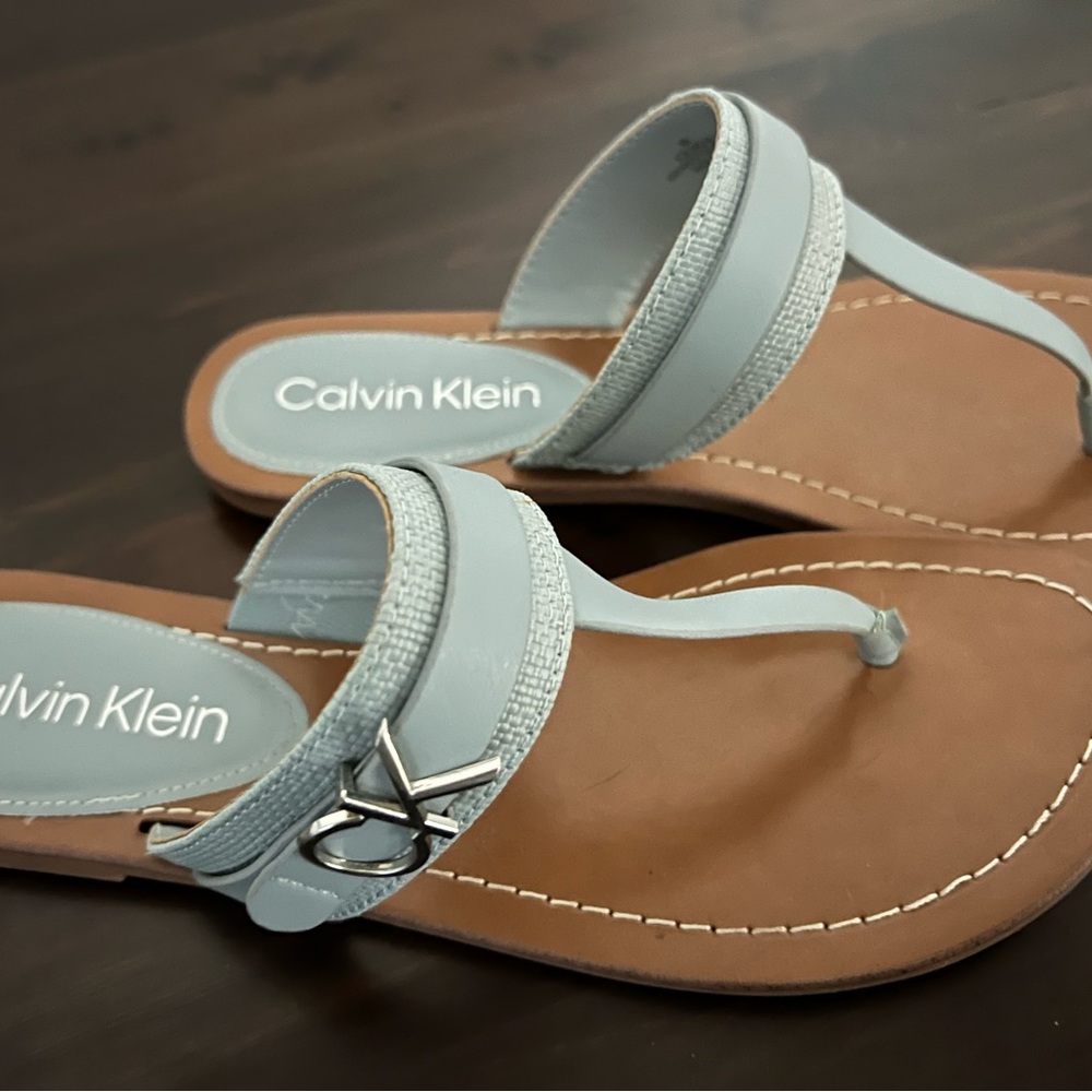 Calvin Klein Light Gray and Tan Thong Sandals